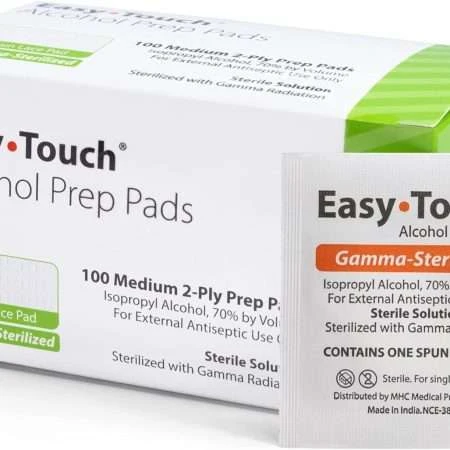 Alcohol prep pads box of 100 with individually wrapped prep pad shown