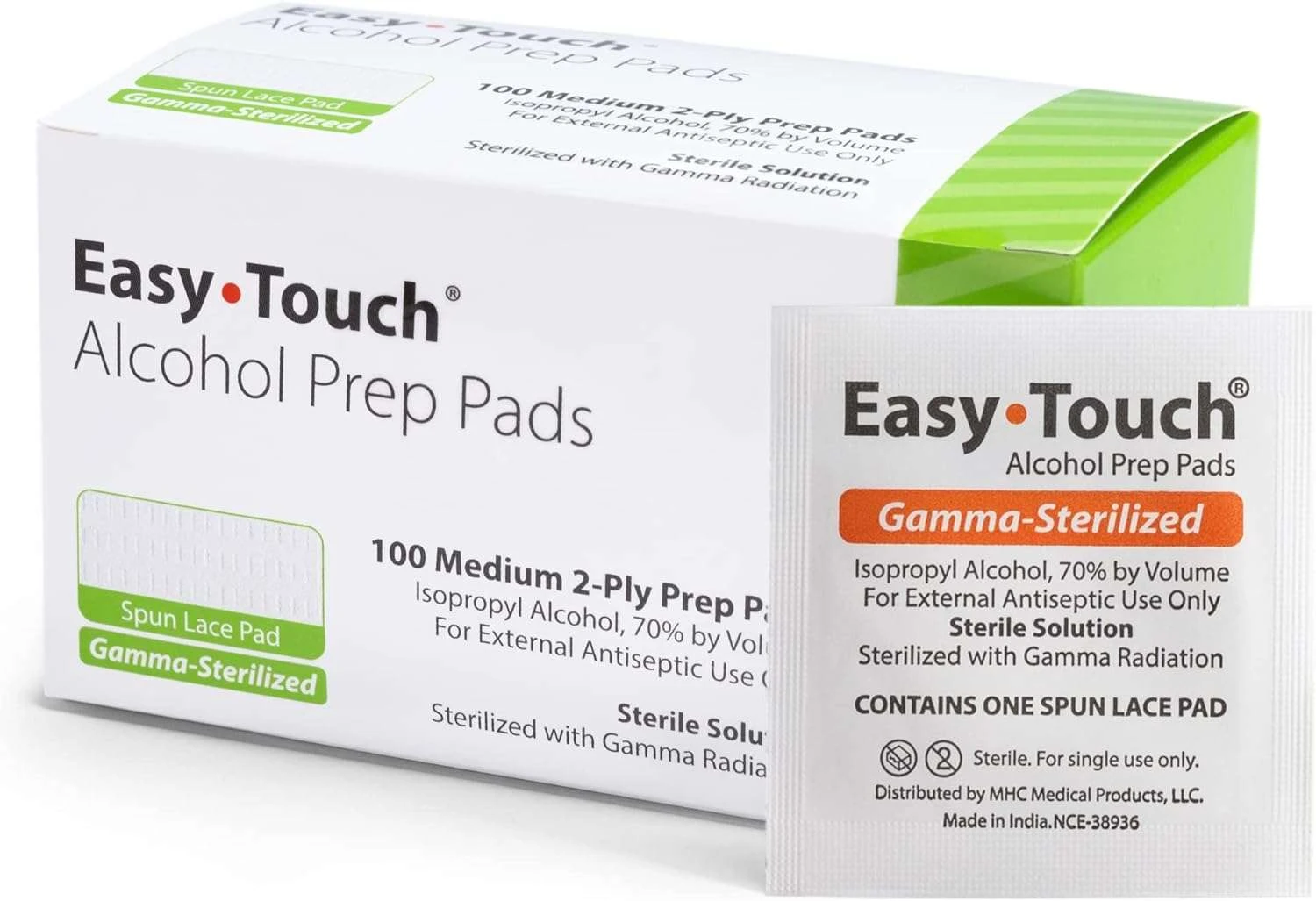 Alcohol prep pads box of 100 with individually wrapped prep pad shown