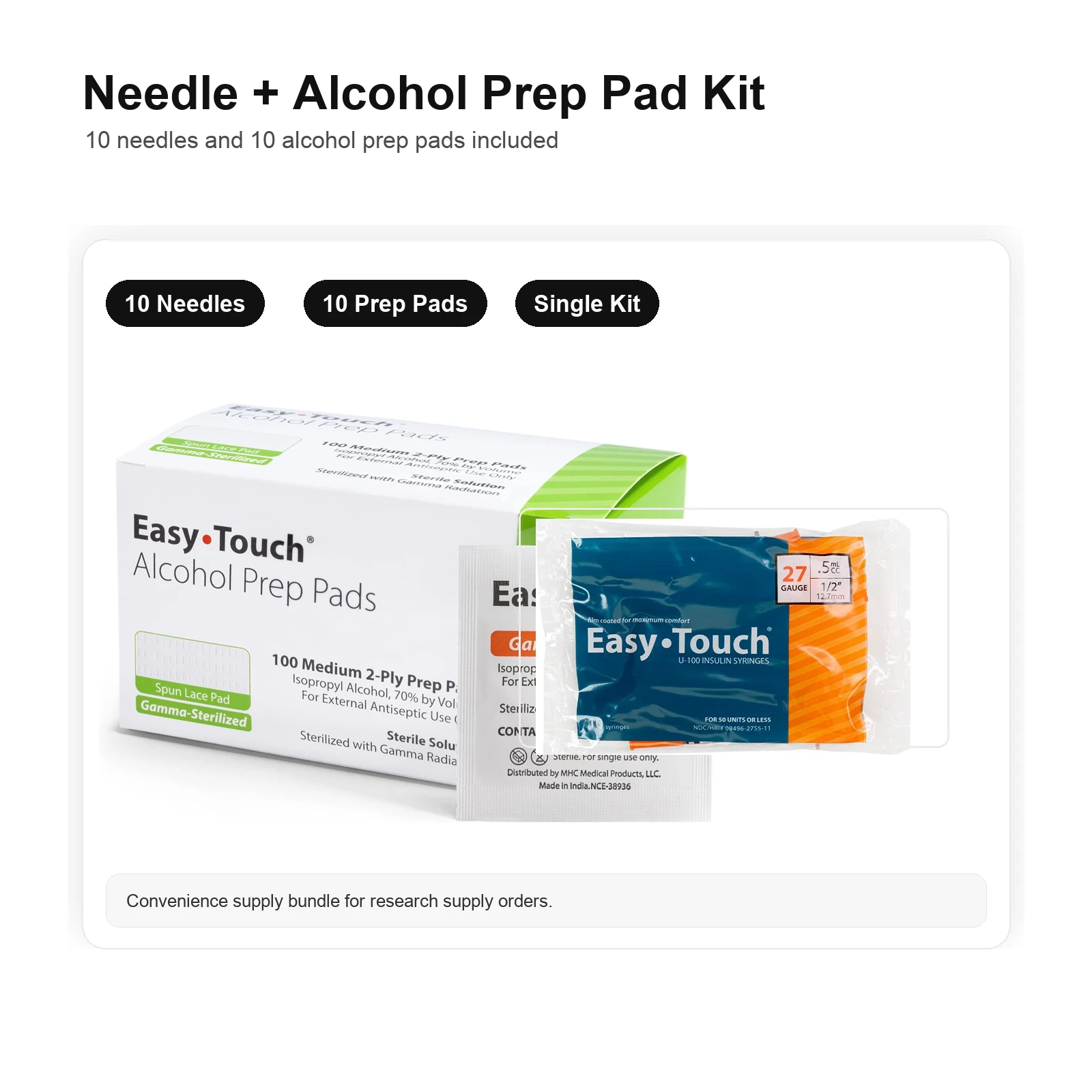 Needle and alcohol prep pad kit with 10 needles and 10 alcohol prep pads included
